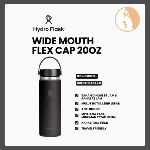 Botol Minum/Tumbler - Hydro Flask Wide Mouth Flex Cap 20oz/591ml (Black 2.0)