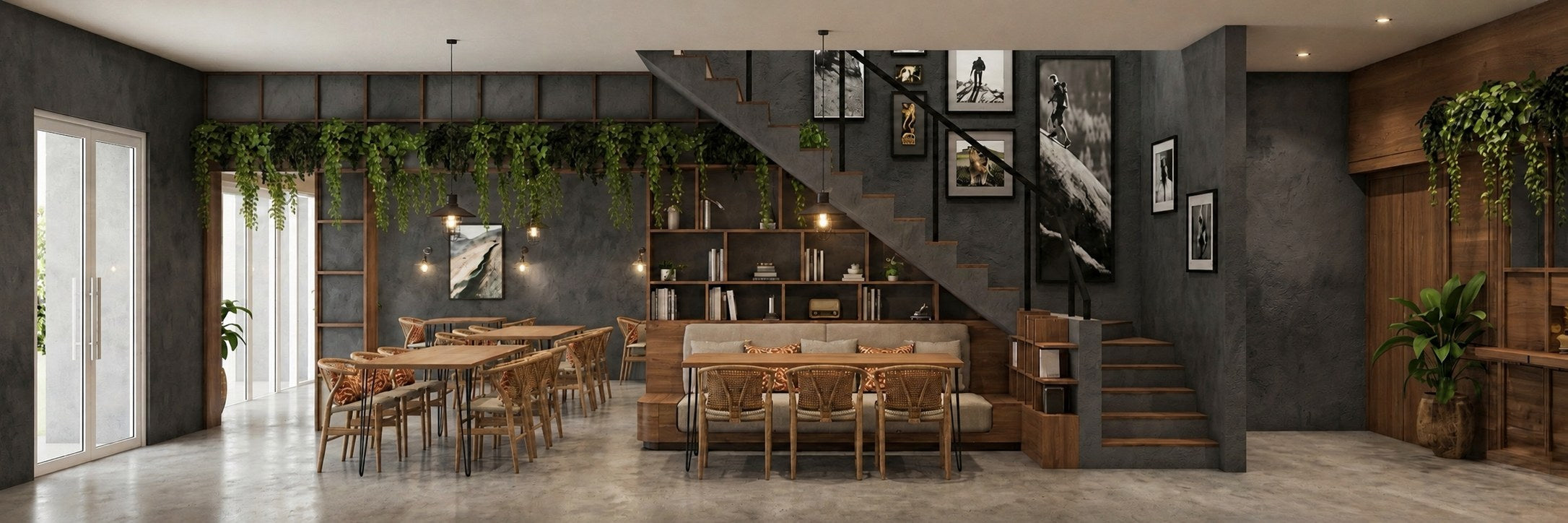 TOI Café seating area with wooden tables, greenery and space to gather