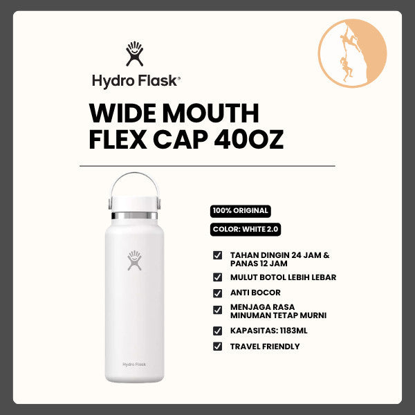 Botol Minum/Tumbler Stainless Steel - Hydro Flask Wide Mouth Flex Cap 40oz/1183ml (White 2.0)