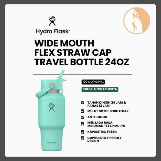 Botol Minum/Tumbler Berpergian - Hydro Flask Wide Mouth Flex Straw Cap Travel Bottle 24oz (Mermaid Green)