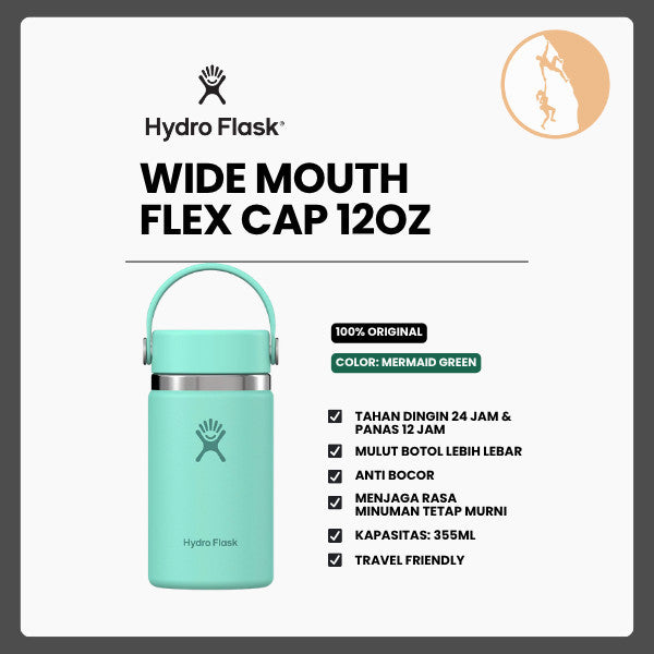 Botol Minum/Tumbler Stainless Steel - Hydro Flask Wide Mouth Flex Cap 12oz/354ml (Mermaid Green)
