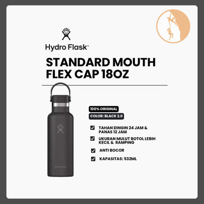 Botol Minum/Tumbler Ringan - Hydro Flask Standard Mouth Flex Cap 18oz/532ml (Black 2.0)