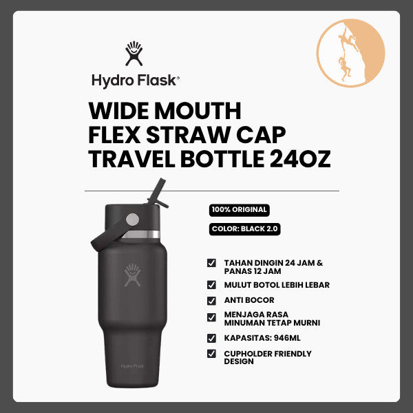 Botol Minum/Tumbler Berpergian - Hydro Flask Wide Mouth Flex Straw Cap Travel Bottle 24oz (Black 2.0)