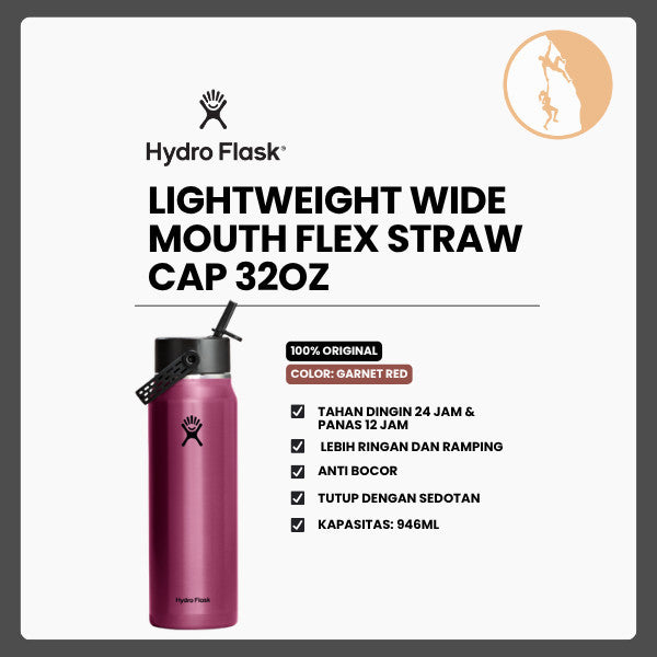 Botol Minum/Tumbler Ringan - Hydro Flask Lightweight Wide Mouth Flex Straw Cap 32oz/946ml (Garnet Red)