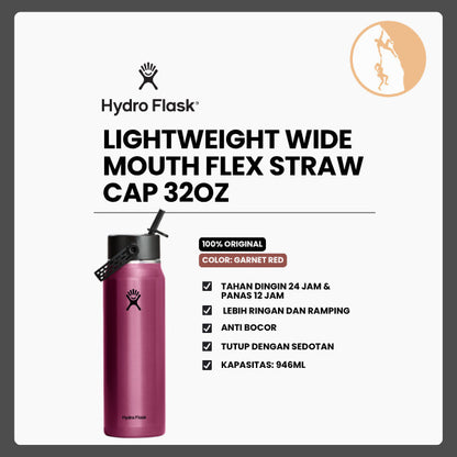 Botol Minum/Tumbler Ringan - Hydro Flask Lightweight Wide Mouth Flex Straw Cap 32oz/946ml (Garnet Red)