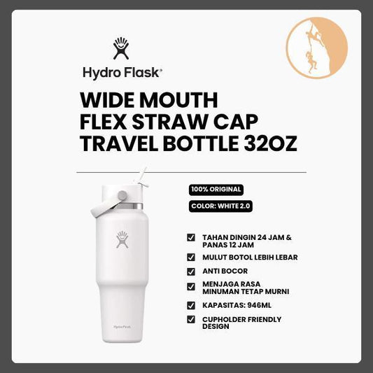 Botol Minum/Tumbler Berpergian - Hydro Flask Wide Mouth Flex Straw Cap Travel Bottle 32oz (White 2.0)