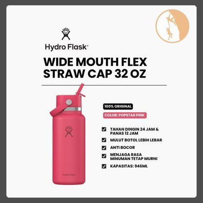 Botol Minum/Tumbler Berpergian - Hydro Flask Wide Mouth with Flex Straw Cap 32oz (Popstar Pink)