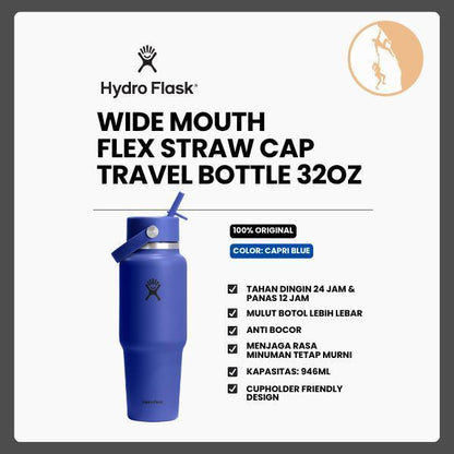 Botol Minum/Tumbler Berpergian - Hydro Flask Wide Mouth Flex Straw Cap Travel Bottle 32oz (Capri Blue)