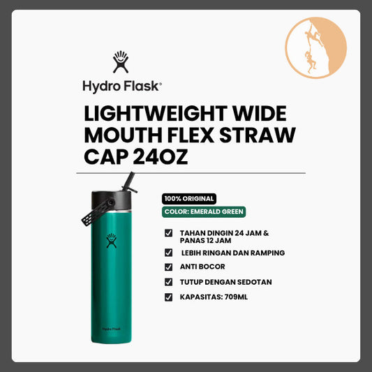 Botol Minum/Tumbler Ringan - Hydro Flask Lightweight Wide Mouth Flex Straw Cap 24oz/709ml (Emerald Green)