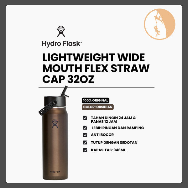 Botol Minum/Tumbler Ringan - Hydro Flask Lightweight Wide Mouth Flex Straw Cap 32oz/946ml (Obsidian)