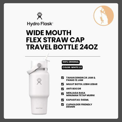 Botol Minum/Tumbler Berpergian - Hydro Flask Wide Mouth Flex Straw Cap Travel Bottle 24oz (White 2.0)