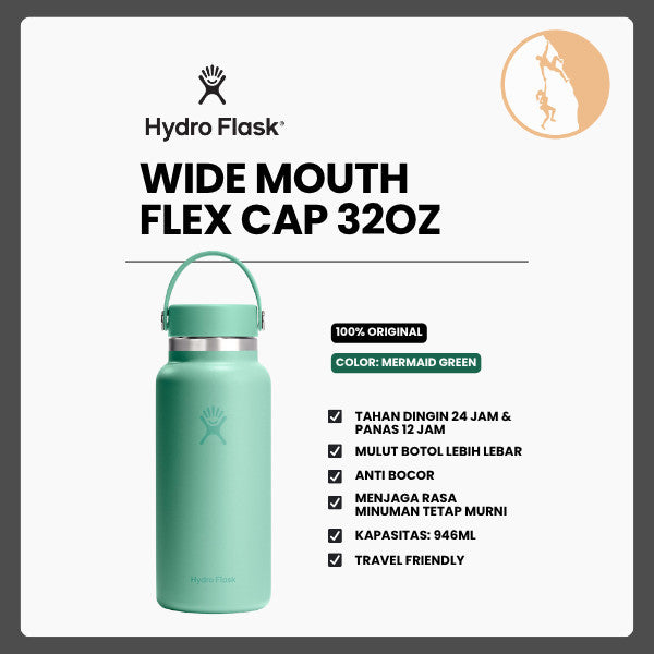 Botol Minum/Tumbler Stainless Steel - Hydro Flask Wide Mouth Flex Cap 32oz/946ml (Mermaid Green)