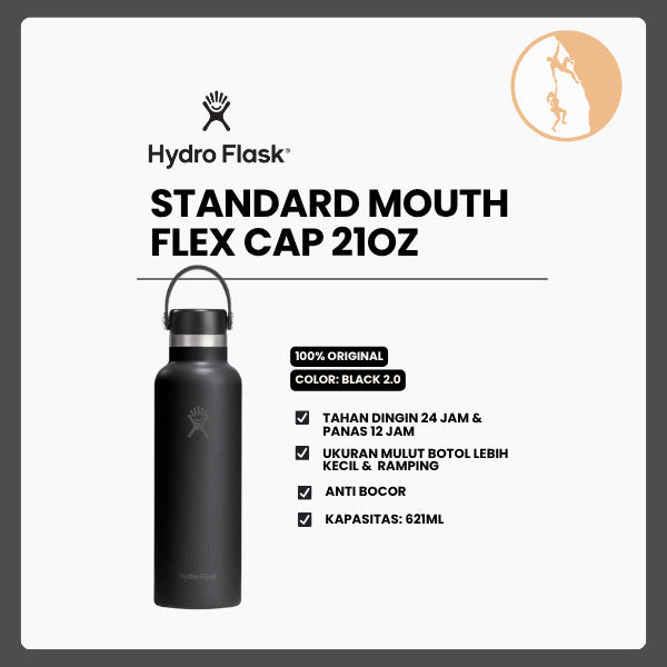 Botol Minum/Tumbler Ringan - Hydro Flask Standard Mouth Flex Cap 21oz/621ml (Black 2.0)