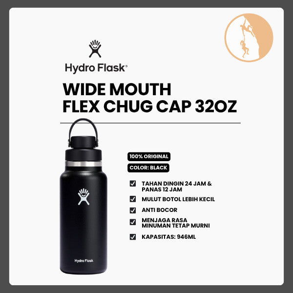 Botol Minum/Tumbler - Hydro Flask Wide Mouth Flex Chug Cap 32oz/946ml (Black)