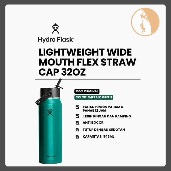 Botol Minum/Tumbler Ringan - Hydro Flask Lightweight Wide Mouth Flex Straw Cap 32oz/946ml (Emerald Green)