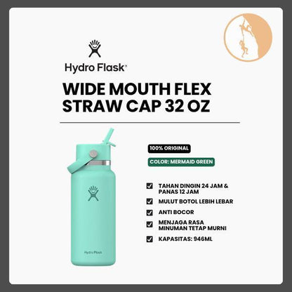 Botol Minum/Tumbler Berpergian - Hydro Flask Wide Mouth with Flex Straw Cap 32oz (Mermaid Green)