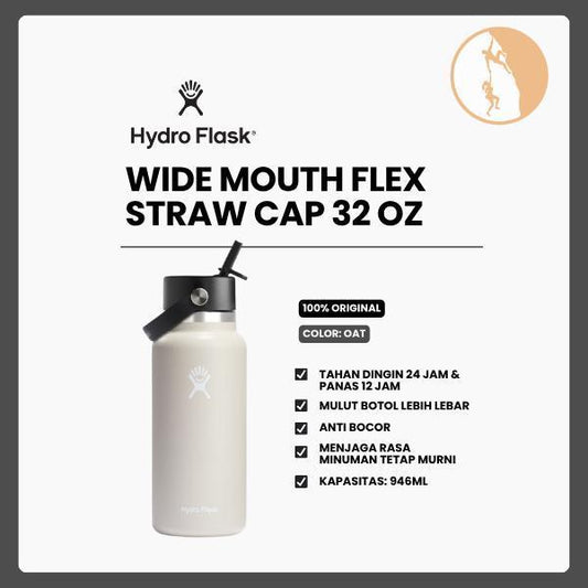 Botol Minum/Tumbler Berpergian - Hydro Flask Wide Mouth with Flex Straw Cap 32oz (Oat)