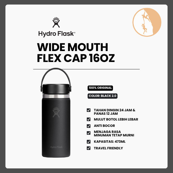 Botol Minum/Tumbler - Hydro Flask Wide Mouth Flex Cap 16oz/473ml (Black 2.0)