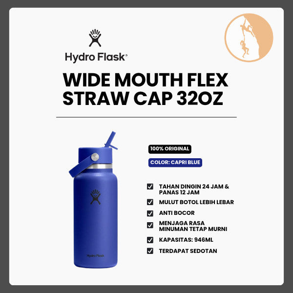 Botol Minum/Tumbler Dengan Sedotan - Hydro Flask Wide Mouth Flex Straw Cap 32oz/946ml (Capri Blue)