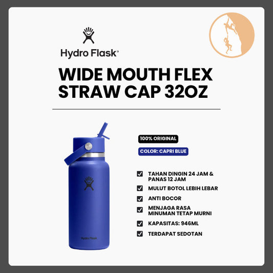 Botol Minum/Tumbler Dengan Sedotan - Hydro Flask Wide Mouth Flex Straw Cap 32oz/946ml (Capri Blue)