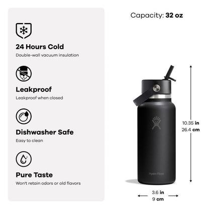 Botol Minum/Tumbler Dengan Sedotan - Hydro Flask Wide Mouth Flex Straw Cap 32oz/946ml (Black 2.0)