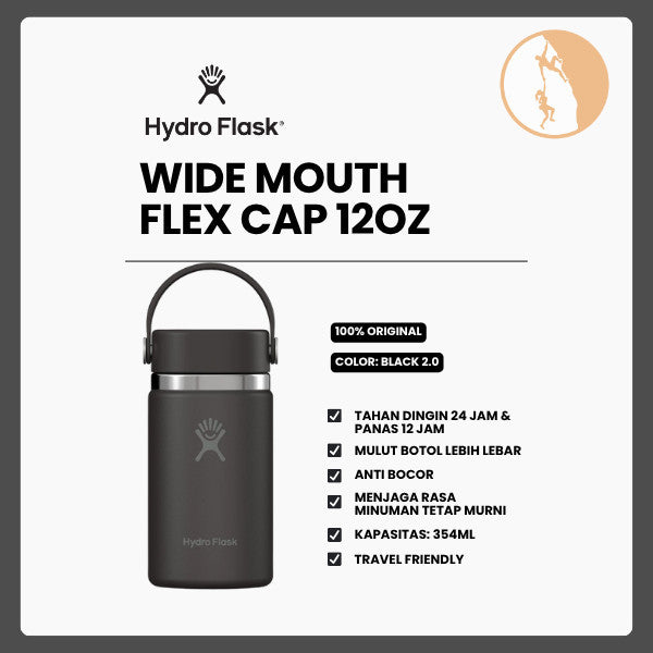 Botol Minum/Tumbler - Hydro Flask Wide Mouth Flex Cap 12oz/354ml (Black 2.0)
