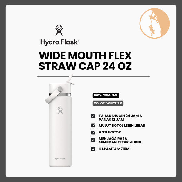 Botol Minum/Tumbler - Hydro Flask Wide Mouth Flex Straw Cap 24oz/710ml (White 2.0)