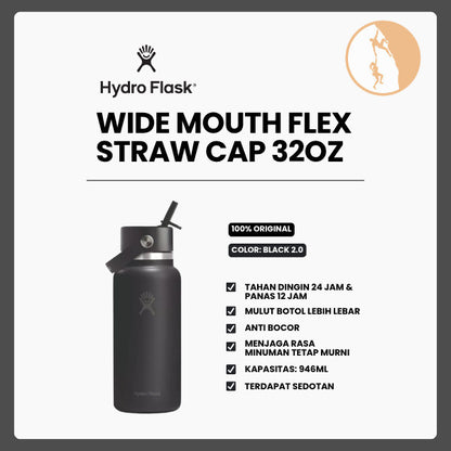 Botol Minum/Tumbler Dengan Sedotan - Hydro Flask Wide Mouth Flex Straw Cap 32oz/946ml (Black 2.0)