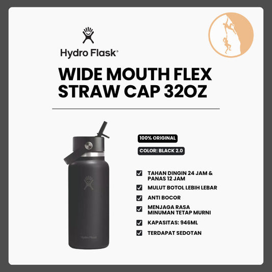 Botol Minum/Tumbler Dengan Sedotan - Hydro Flask Wide Mouth Flex Straw Cap 32oz/946ml (Black 2.0)