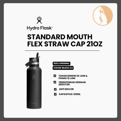 Botol Minum/Tumbler Dengan Sedotan - Hydro Flask Standard Flex Straw Cap 21oz/621ml (Black 2.0)