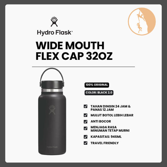 Botol Minum/Tumbler - Hydro Flask Wide Mouth Flex Cap 32oz/946ml (Black 2.0)