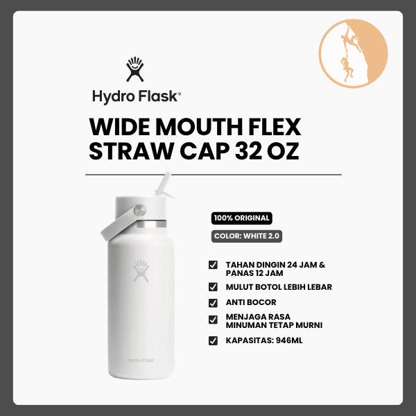 Botol Minum/Tumbler Dengan Sedotan - Hydro Flask Wide Mouth Flex Straw Cap 32oz/946ml (White 2.0)