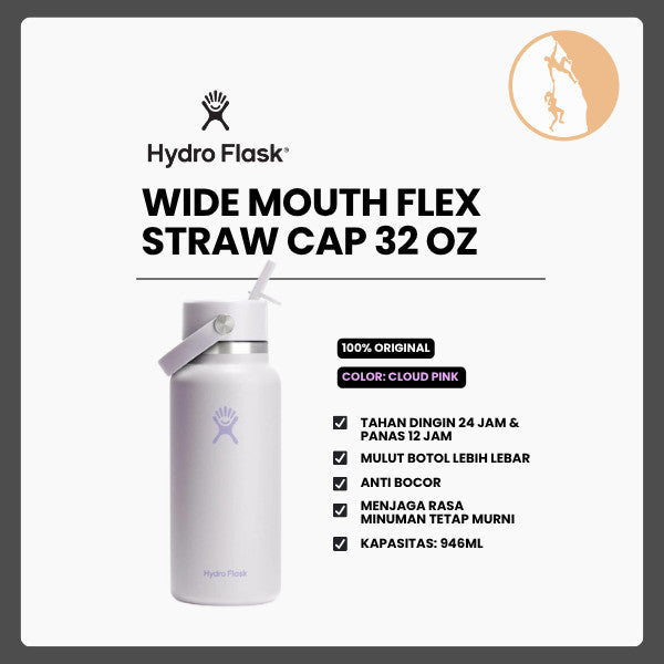 Botol Minum/Tumbler Dengan Sedotan - Hydro Flask Wide Mouth Flex Straw Cap 32oz/946ml (Cloud Pink)