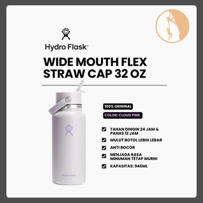Botol Minum/Tumbler Dengan Sedotan - Hydro Flask Wide Mouth Flex Straw Cap 32oz/946ml (Cloud Pink)