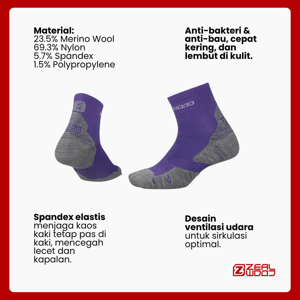Kaos Kaki Ankle Merino Shock Anti Bau - Zealwood R1 Z-Cross (Purple/Grey)