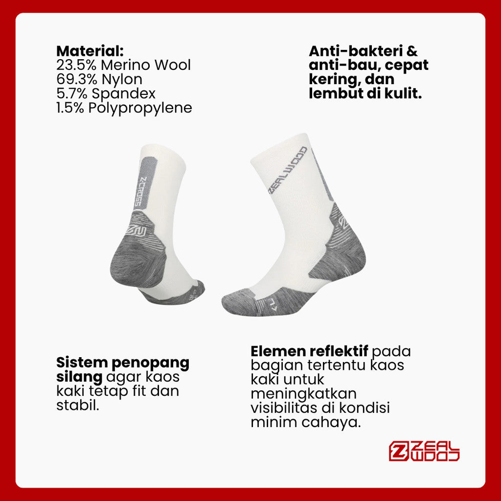 Kaos Kaki Trail Running/Hiking Crew Merino Shock - Zealwood R2 Z-Cross (White/Grey)
