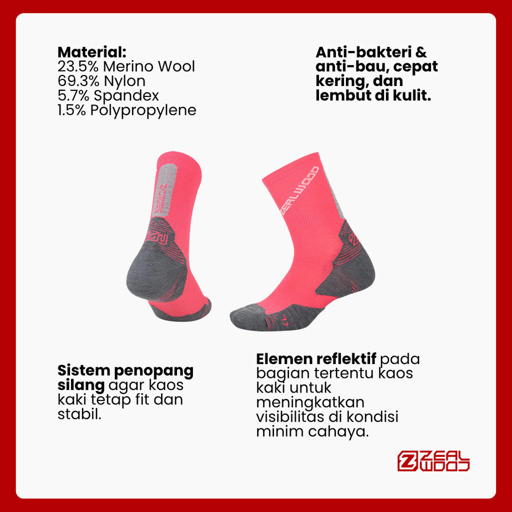 Kaos Kaki Trail Running/Hiking Crew Merino Shock - Zealwood R2 Z-Cross (Pink/Grey)