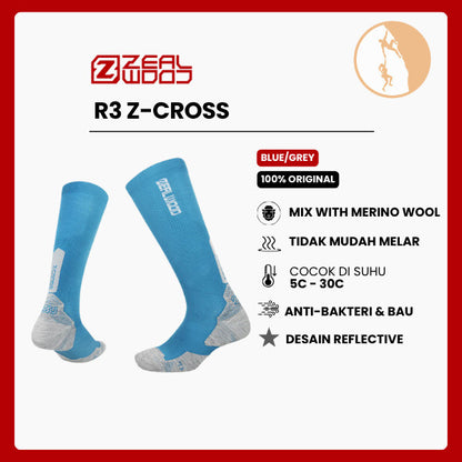 Kaos Kaki Lari Trail/Hiking Knee Merino Shock - Zealwood R3 Z-Cross (Blue/Grey)