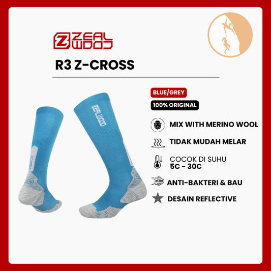 Kaos Kaki Lari Trail/Hiking Knee Merino Shock - Zealwood R3 Z-Cross (Blue/Grey)