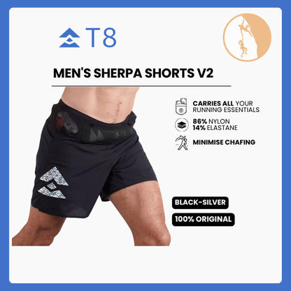 T8 Men's Sherpa Shorts V2 (Black/Silver Logo) - Celana Pendek Lari