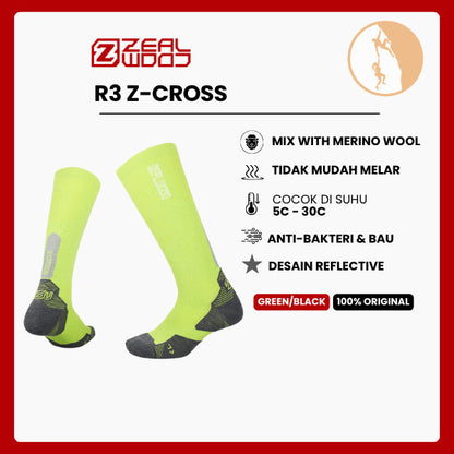 Kaos Kaki Lari Trail/Hiking Knee Merino Shock - Zealwood R3 Z-Cross (Green/Black)