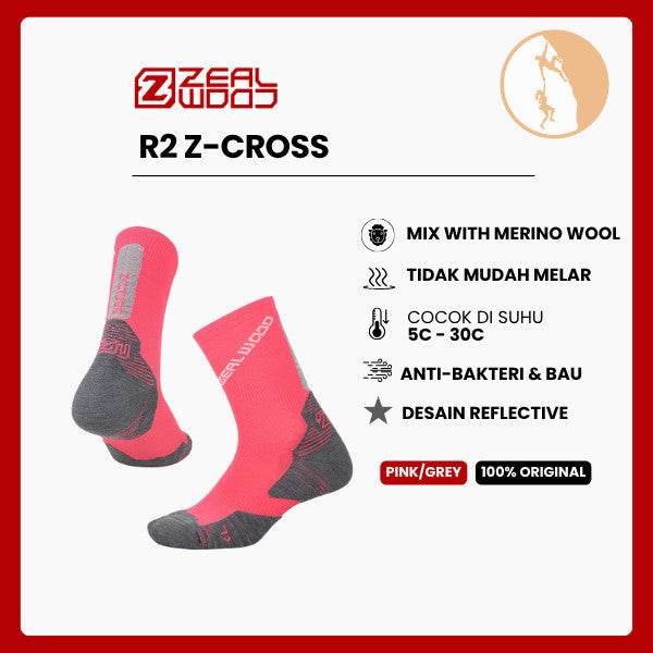 Kaos Kaki Trail Running/Hiking Crew Merino Shock - Zealwood R2 Z-Cross (Pink/Grey)