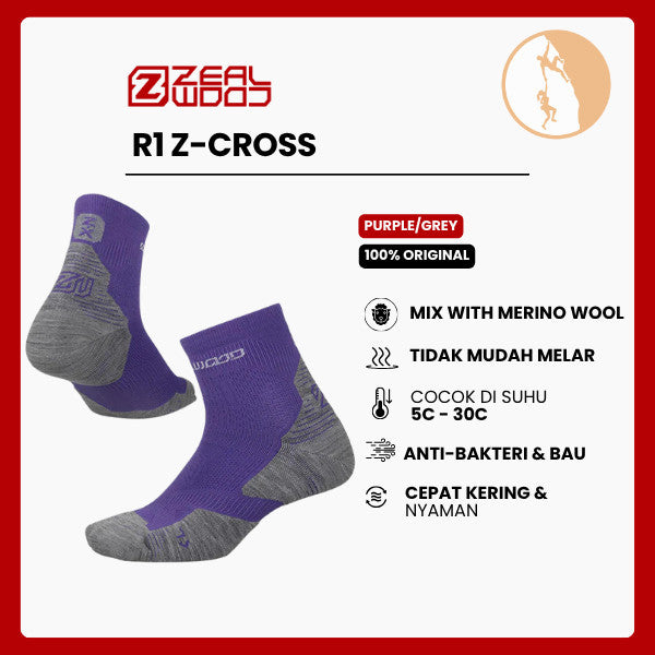 Kaos Kaki Ankle Merino Shock Anti Bau - Zealwood R1 Z-Cross (Purple/Grey)