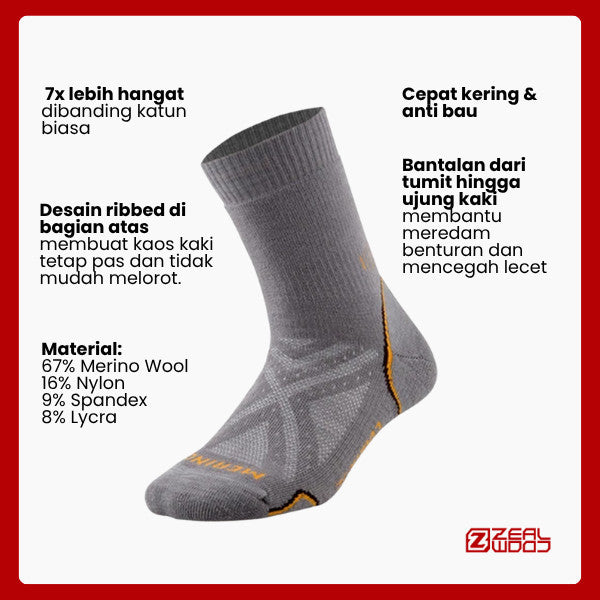 Kaos Kaki Outdoor Merino Wool Crew - Zealwood Thule Pro Winter Shock (Grey)