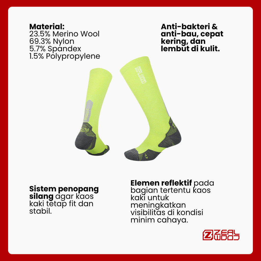 Kaos Kaki Lari Trail/Hiking Knee Merino Shock - Zealwood R3 Z-Cross (Green/Black)