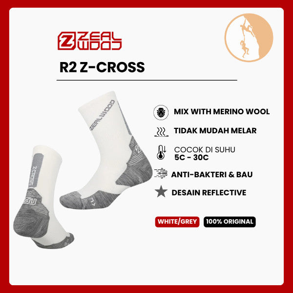 Kaos Kaki Trail Running/Hiking Crew Merino Shock - Zealwood R2 Z-Cross (White/Grey)