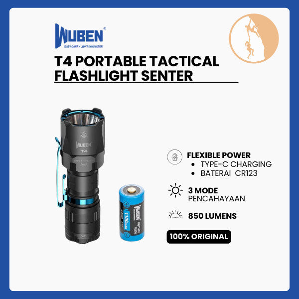 Wuben T4 Portable Tactical Flashlight Senter - 850 Lumens 401 Meters