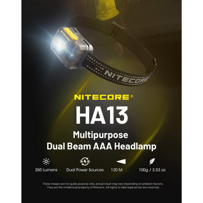 Senter Kepala - NITECORE LED Headlamp Dual Beam Lightweight 350 Lumens - HA13 (Black)