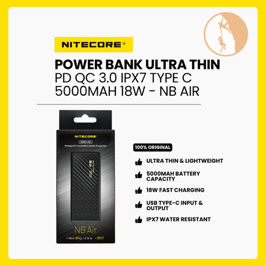 NITECORE Power Bank Ultra Thin PD QC 3.0 IPX7 Type C 5000mAh 18W - NB AIR (Black)