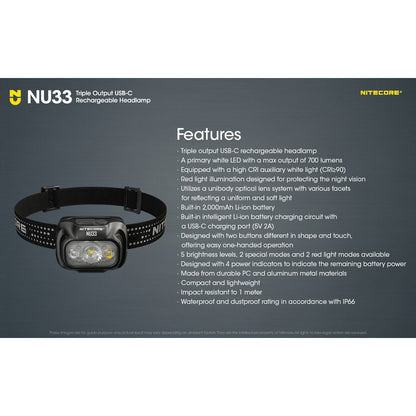 Senter Kepala - NITECORE Headlamp LED Senter Kepala Triple Output IP66 2000mAh 700lm - NU33 (Black)